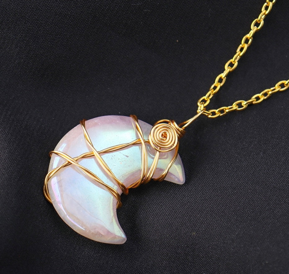 Aura Rose Quartz Woven Moon Pendant Crystal Necklace