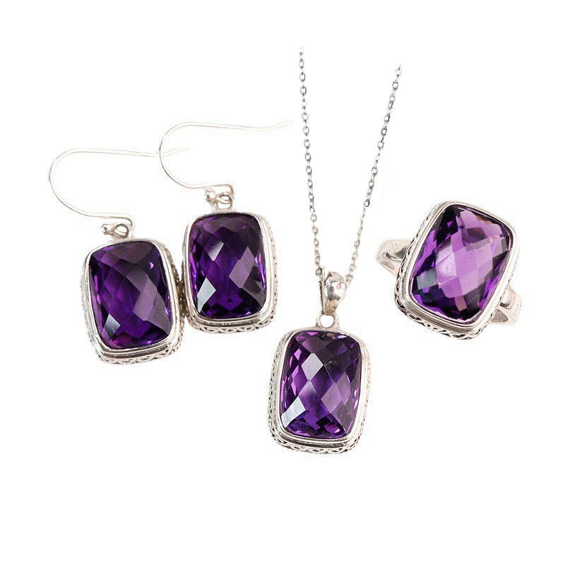 Amethyst Sterling Silver Necklace Ring Earring Jewelry Set